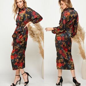NWT Black Red Floral Print Button Front Long Sleeve Midi Dress